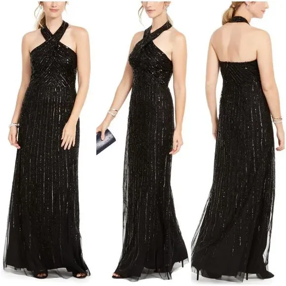 Adrianna Papell Womens Petites Halter Beaded Formal Dress Black 10P